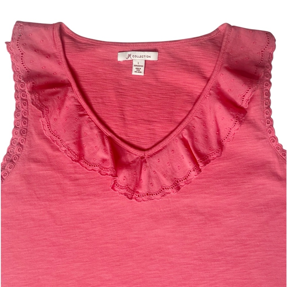 JM Collection Eyelet Ruffle V Neck Tank Top Size L Peach Salmon Feminine T-Shirt